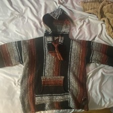 Striped Knit Pullover Hoodie with Hood, Drawstring, Pockets Black Red Gray White