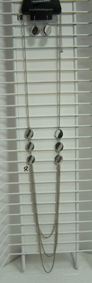 Silver Tone, Silver & Black Beaded Necklace With Matching Pierced Earrings