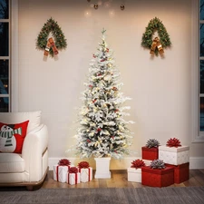 Uforic 6 FT Pre-lit Flocked Pencil Artificial Christmas Tree with 520 PE & PVC M