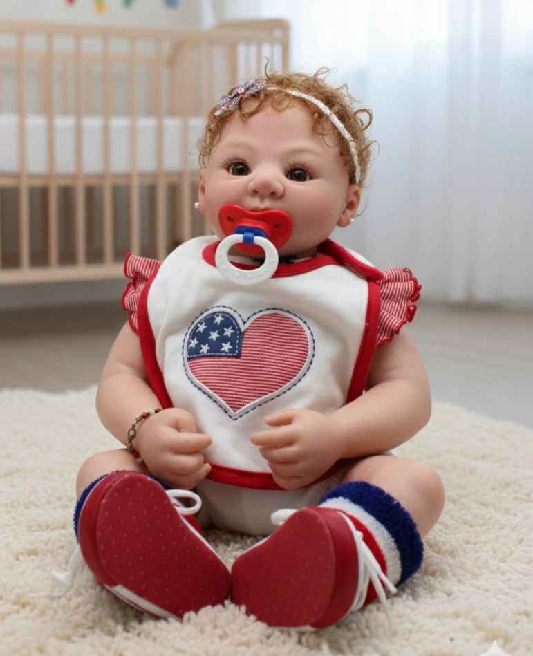 Bebé niña renacida 21” cuerpo de tela pelo castaño rojizo ojos marrones muñeca realista hecha por artista Foto 2 de 4
