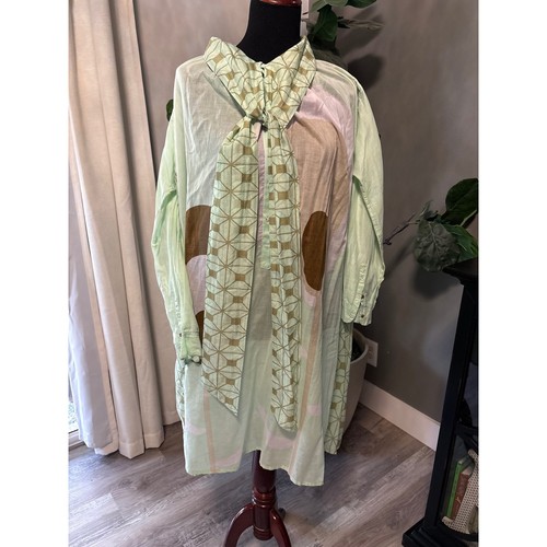 Yvonne S SS21 Mint Green Geometric Floral Cotton Midi Tie Neck Shirt Dress M