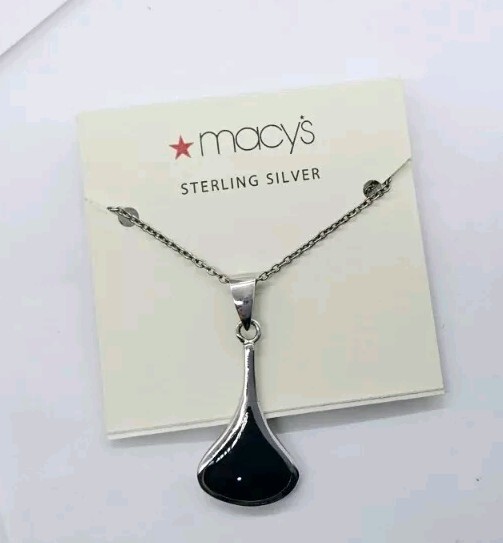 Sterling Silver 925 Black Onyx Pendant Necklace 17 Inch Art Deco Design