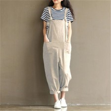 Hot Lady Cotton Linen Dungarees Jumpsuit Casual Baggy Loose Overalls Playsuits