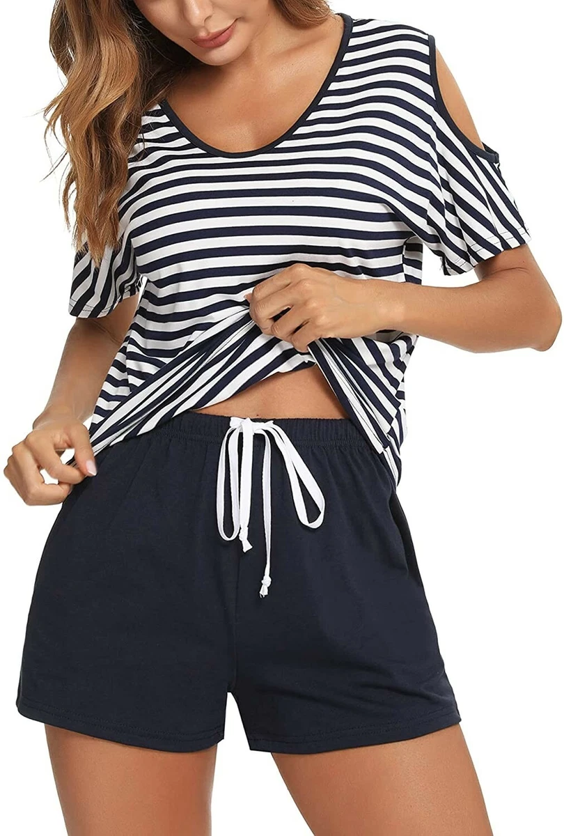 Sykooria Ladies navy white off the shoulder Pyjamas Sets 2