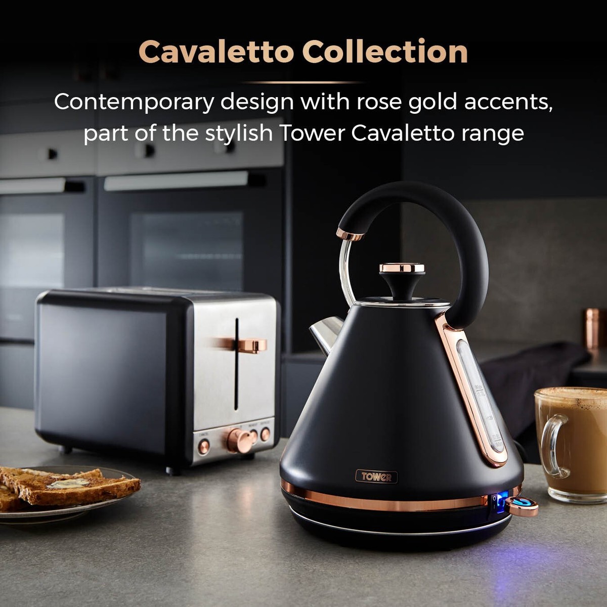 Tower Cavaletto Black Rose Gold Pyramid Kettle Slice Toaster