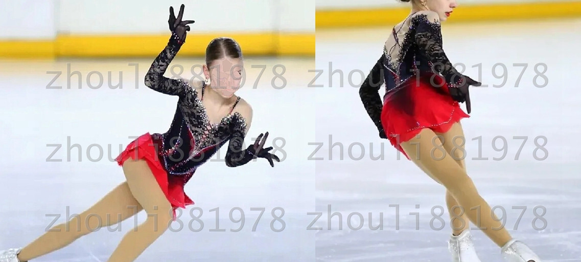 Figura de hielo vestido de patinaje figura vestido de skaitng para competición negro teñido rojo
