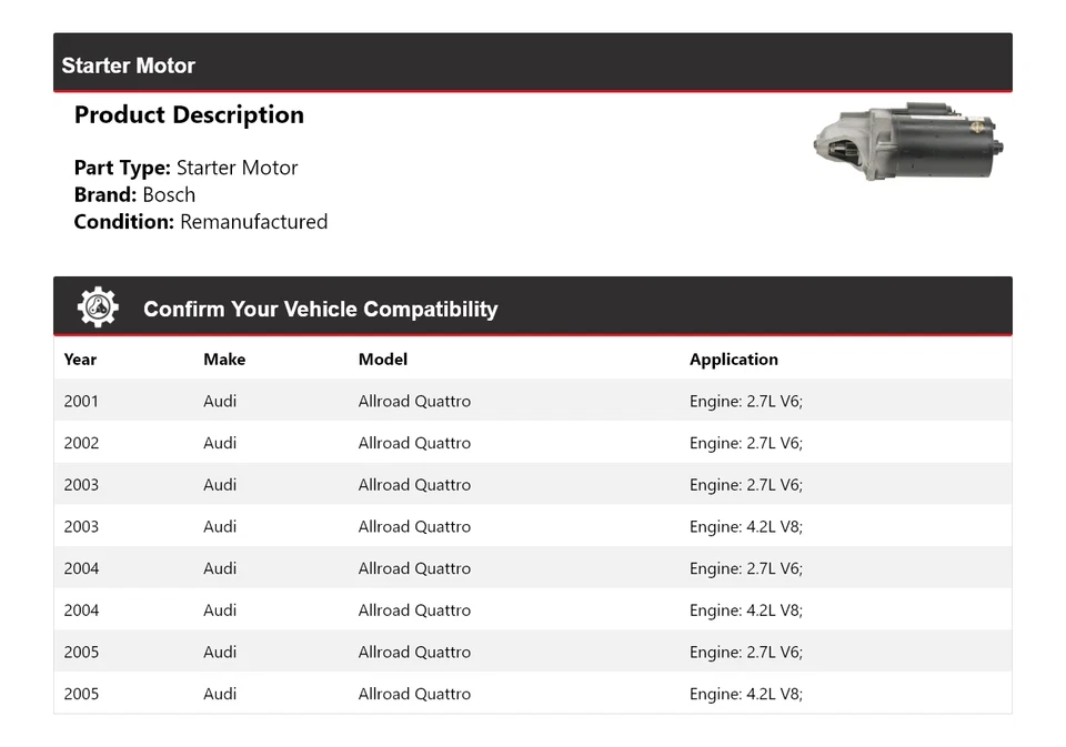 Arranque Bosch para Audi Allroad Quattro 2001-2005 (remanufacturado) 2002 2003 2004 Foto 2 de 4