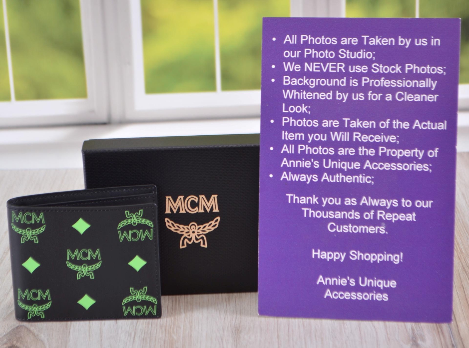 New MCM Men's Black and Neon Green Leather Visetos Bifold Wallet