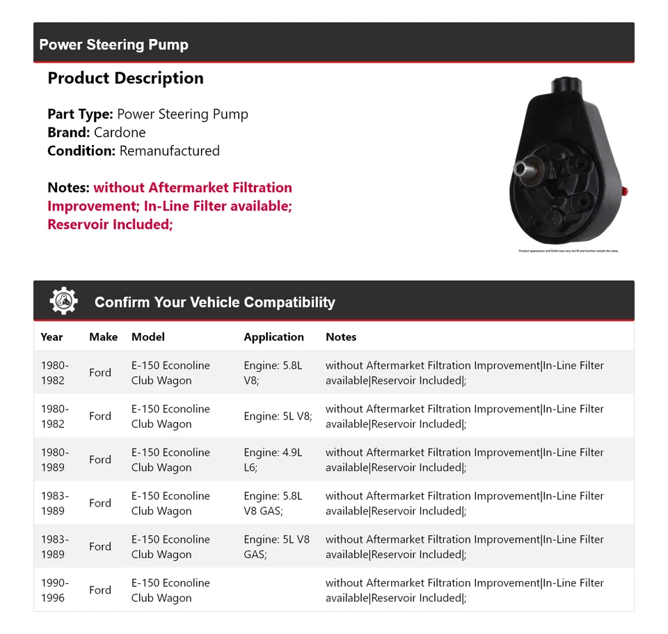 Bomba de dirección asistida Cardone 1981 para Ford E-150 Econoline Club Wagon 1980-1996 Foto 2 de 4