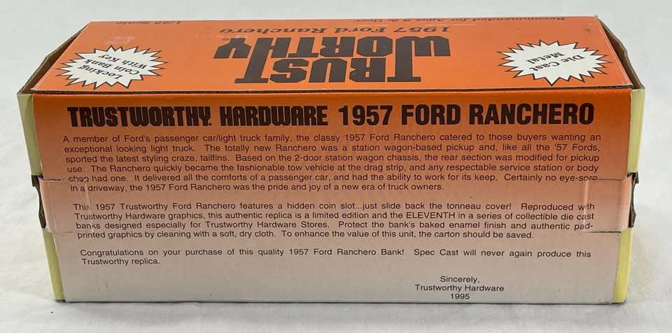 1/25 比例 TRUST WOTRHY 硬件商店 1957 年福特 Ranchero 压铸硬币银行 — 第 3/4 张图片