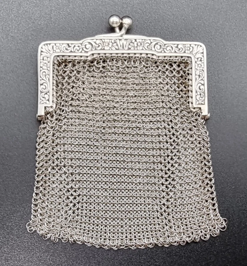 ANTIGUO MONEDERO VICTORIANO PLATA ESTERLINA/800 GRABADO/MALLA/SAN FRANCISCO/C1900 Foto 3 de 4