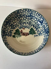 Folk Craft 9"W x 2.5"H Bowl, Cabin in the Snow by Lien Shan, Splatter Blue