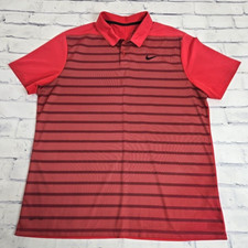 Nike Polo Shirt Mens XL Dri Fit Golf Red Black Striped Performance Casual Office