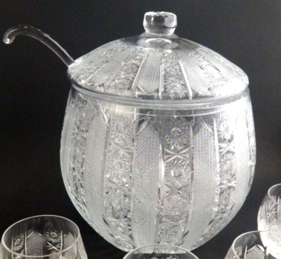 SET Vintage Bohemia Glass Czech Cut Crystal Queen Lace Punch Bowl