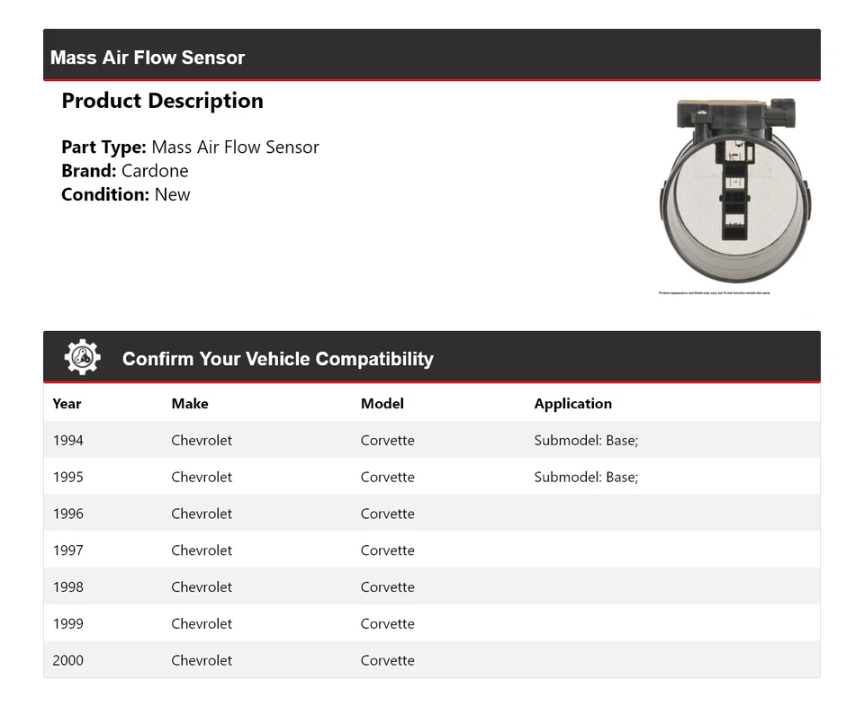 Sensor de fluxo de ar em massa Cardone 1995 1996 1997 Chevrolet Corvette 1994-2000 - Imagem 2 de 4