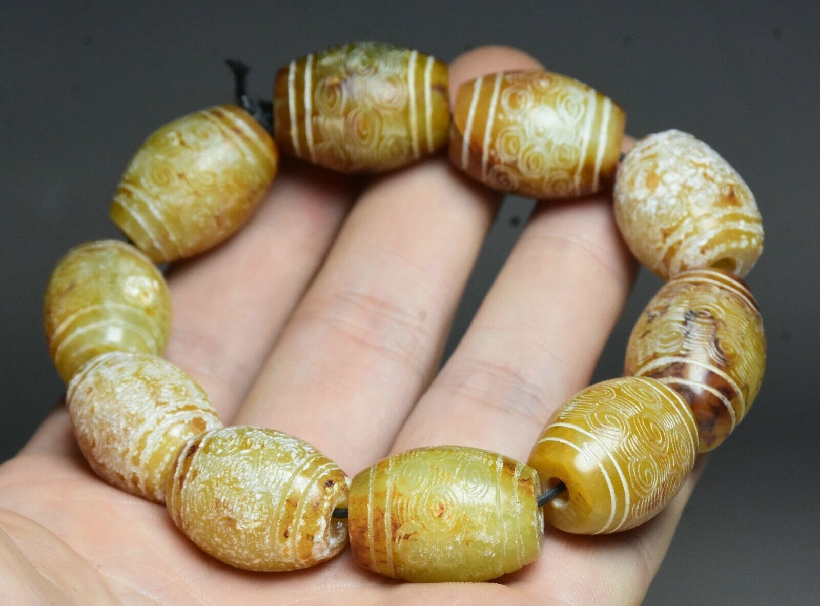 Liangzhu Culture Hetian Jade Carved Beast Talisman Bracelet Hand Chain  