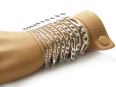 925 Sterling Silver Figaro Link Chain Bracelet (All Widths and