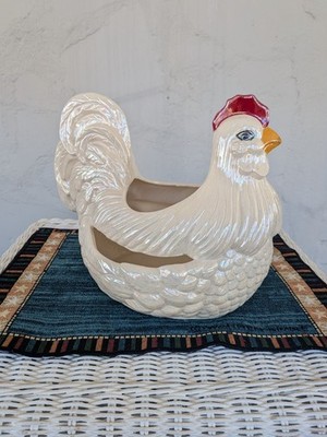 Vintage Ceramic Rooster Chicken Planter Hen & Chicks Succulents Iridescent White