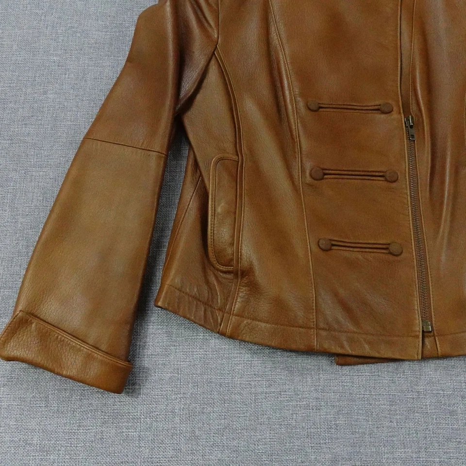 Chaqueta Moto Worth Mujer Cuero Marrón Asimétrica Cremallera Detalle Botón Talla 10 Foto 3 de 4