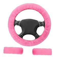 3 PCS Fluffy Steering Wheel Cover Set, 15'' Furry Car Wheel Cover, 2 Seat pink