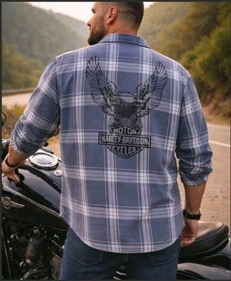 Harley Davidson Mens Classic Americana Road Captain Shirt Blue Eagle Biker Sz XL