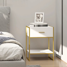 Image of Modern Bedside Table Side Table Nightstand W/ Drawer Shelf White Gold