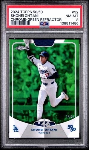 2024 TOPPS #92 SHOHEI OHTANI 50/50 CHROME GREEN REFRACTOR HR #46 DODGERS PSA 8