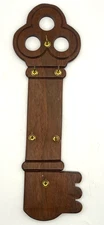 Vintage Wooden Key Holder Wall Mount Gold-Tone Metal Hooks Entryway