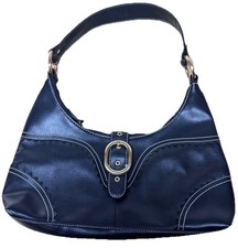 AK Anne Klein Black Shoulder Hobo Bag White Contrast Stitching Gold Tone Buckle