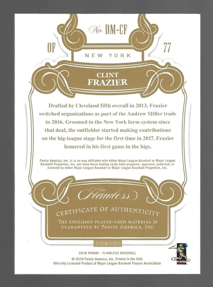 Patches Clint Frazier 2018 Panini Flawless relíquias duplas 7/10 💲 - Imagem 3 de 3