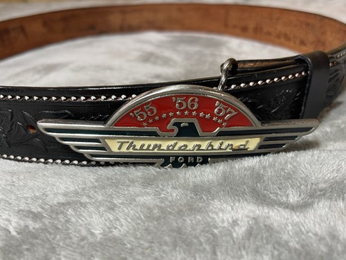 Vintage Thunderbird Ford Belt Buckle With Leather Tooled Belt !! Sz 38 - Picture 3 of 14