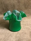 Circa 1940S Fenton Art Class Dark Green Overlay Ruffled Crimped Hat Shaped Vase
