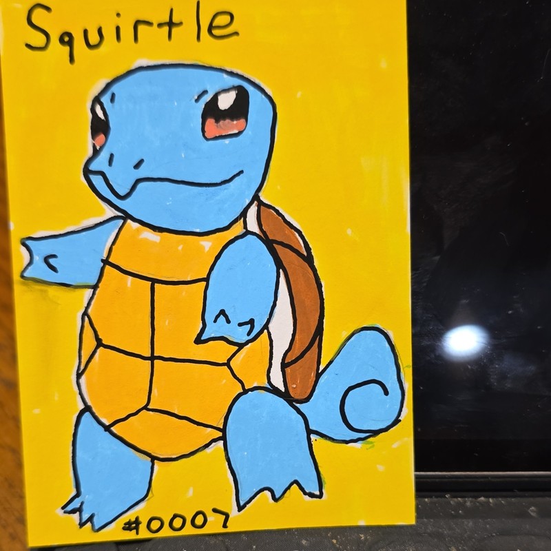 ACEO Hand Painted Signed Squirtle Pokémon Cartoon Painting, Yellow Background
