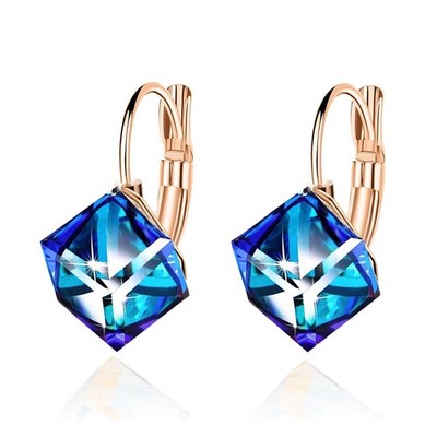 Cube Austrian Crystal Drop Leverback Earrings for Women Fashion 14K Rose Gold Pl