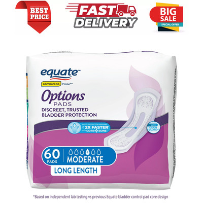 Equate Options Women's Incontinence Pads, Leak Protection, Long Length, 60 Count