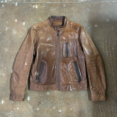 GAS Mens Brown Leather Biker Jacket XL Full Zip Button Band Collar