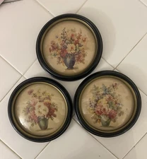 Three Small, Round Vintage C&A Richards Florals by E. O. Strong, Domed Glass