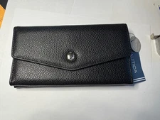 Nautica Navy BLACK Tri-Fold SNAP Long Pebble Leather wallet ID SAFE FEATURE NWT