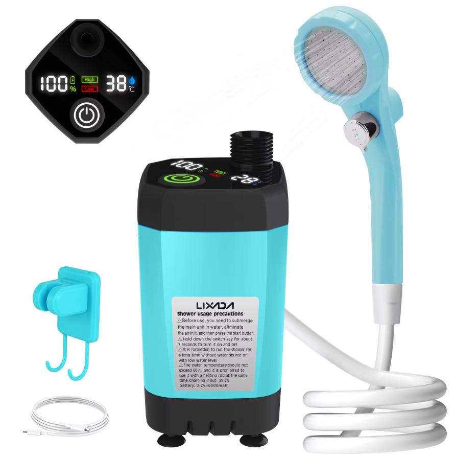 Pompe de douche portable camping rechargeable USB avec écran LCD bleu