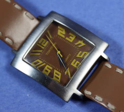 RuNNinG Tokyo Bay Square Watch Brown Strap and Dial Yellow Numbers Silver Case