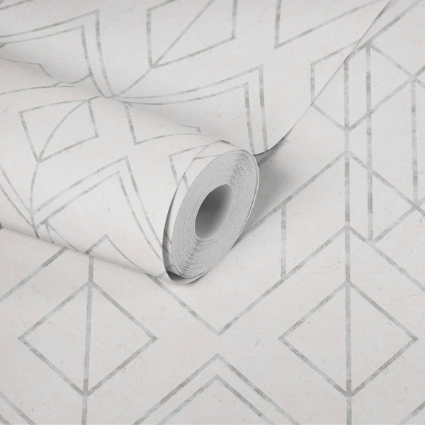 Grafische Mustertapete Mit Metallic-Akzenten – Grau, Metallic, Weiß-image