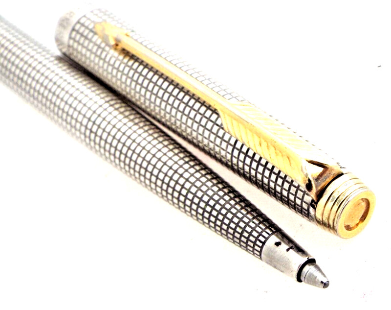 PARKER 75  STERLING SILVER BALL POINT PEN Gold Filled Trim Cap Actuated Case USA