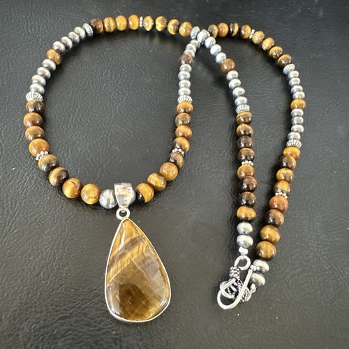 Coffee Brown Tigers Eye Sterling Silver Pendant Necklace Southwestern 15863 - Picture 10 of 12