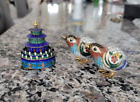 Vintage Enamel Cloisonne Figurines Pair of Birds & Temple Figurine Incense?