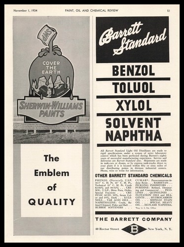 1934 Barrett Co. Standard Chemicals Benzol Toluol Xylol Solvent Naphtha Print Ad