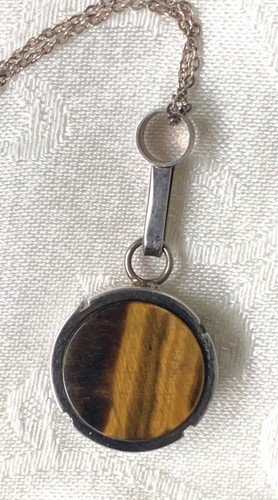 Vintage Scandinavian Modernist 925 Silver Tiger Eye Pendant Finland - Signed CS - Picture 6 of 12