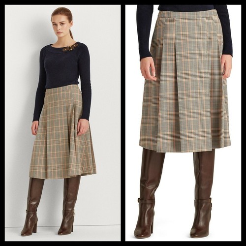 RALPH LAUREN Womens Orange Houndstooth Knee Length Pleated Skirt Size 6