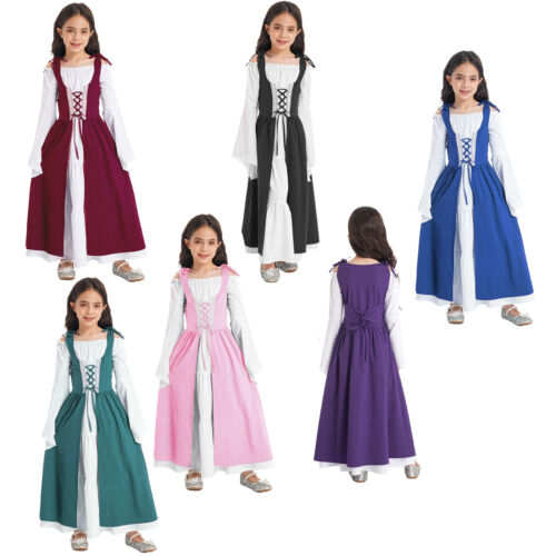 Girls Costumes Dress Medieval Party Halloween Cosplay Long Flare Sleeve Vintage