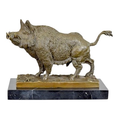 Wild Boar Nature Hunting Real Bronze on Marble Base Statue Sculpture 12.80 in