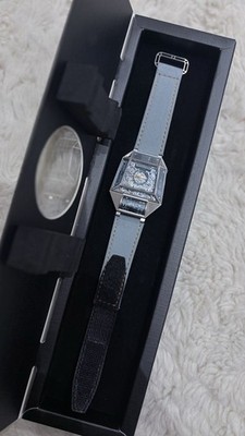 Silver Rectangular Analog Wristwatch Light Blue Black Strap Silver Dial in Box